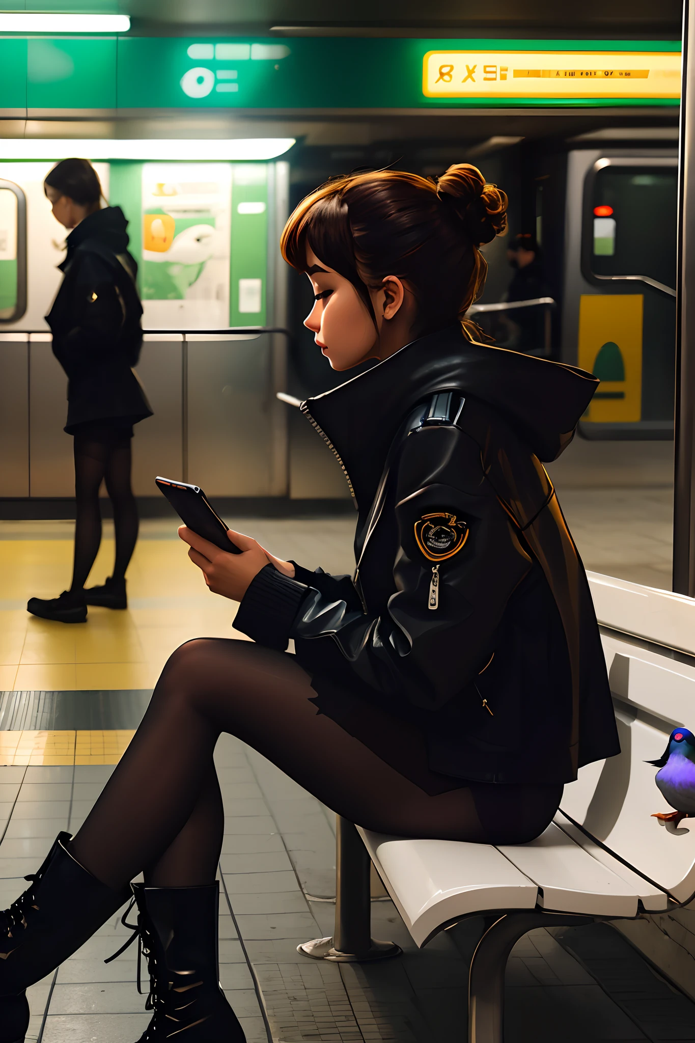 a beautiful girl wearing a black jacket, checking her phone, pantyhose, high boots, shorts, sitting on a bench in a subway station, artifical lights, with a pigeon, perfespective, from the left, profile, masterpiece, best quality, in the style of (samdoesarts)