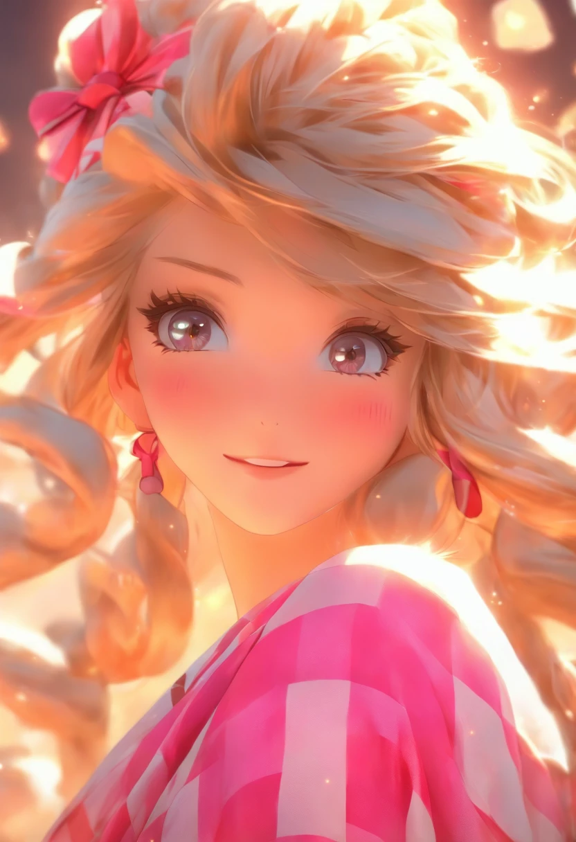 Masterpiece, Best quality, high resolution, venus1,1girll, Solo, valkyrie, Bamboo, white hair, (((Pink ribbon)) checkered sash, gag, gag, Gradient hair, haori, Japanese clothes, komono, Long hair, Looking at the audience, Pink eyes, Pink kimono, Pink ribbon, Solo,