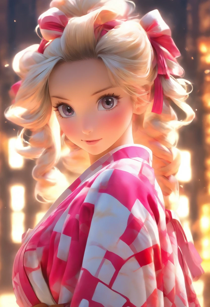 Masterpiece, Best quality, high resolution, venus1,1girll, Solo, valkyrie, Bamboo, white hair, (((Pink ribbon)) checkered sash, gag, gag, Gradient hair, haori, Japanese clothes, komono, Long hair, Looking at the audience, Pink eyes, Pink kimono, Pink ribbon, Solo,