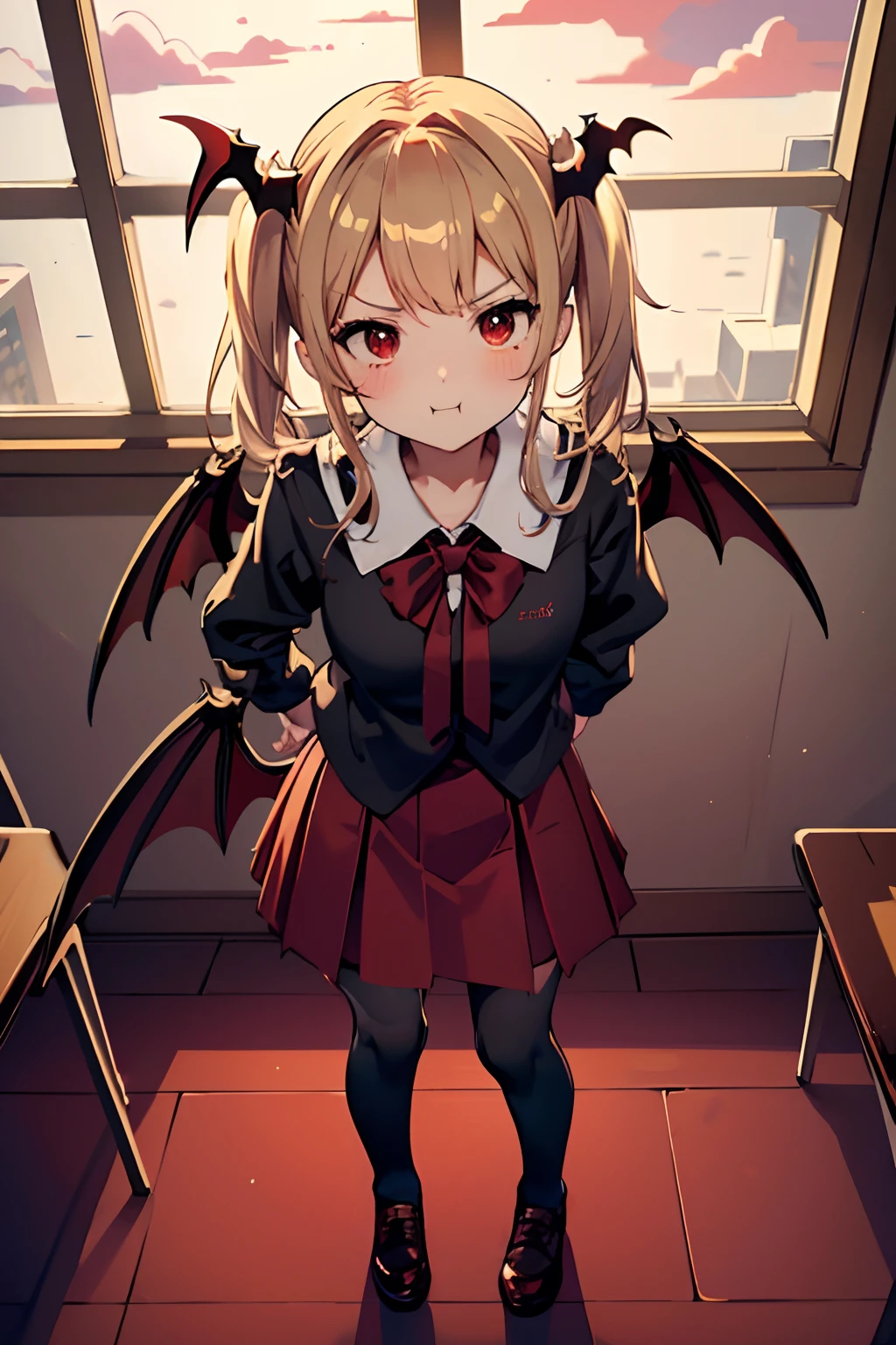 (simplistic),full body view,intricate details,(best quality),(masterpiece:1.2),(detailed:1.2),(sharp focus), blonde short hair in twintails, anime girl, vampire, vampire girl, big boobs school clothes, high school uniform, cute face, pale skin, red eyes, silly looking, silly face, ((school classroom background)), navy skirt, red tie, white social shirt, small red horns, (((pov from above))), (((small vampire wings on rear area))), fang poking out, ((night)), ((dark sky)), ((moonlight filtering through the window))