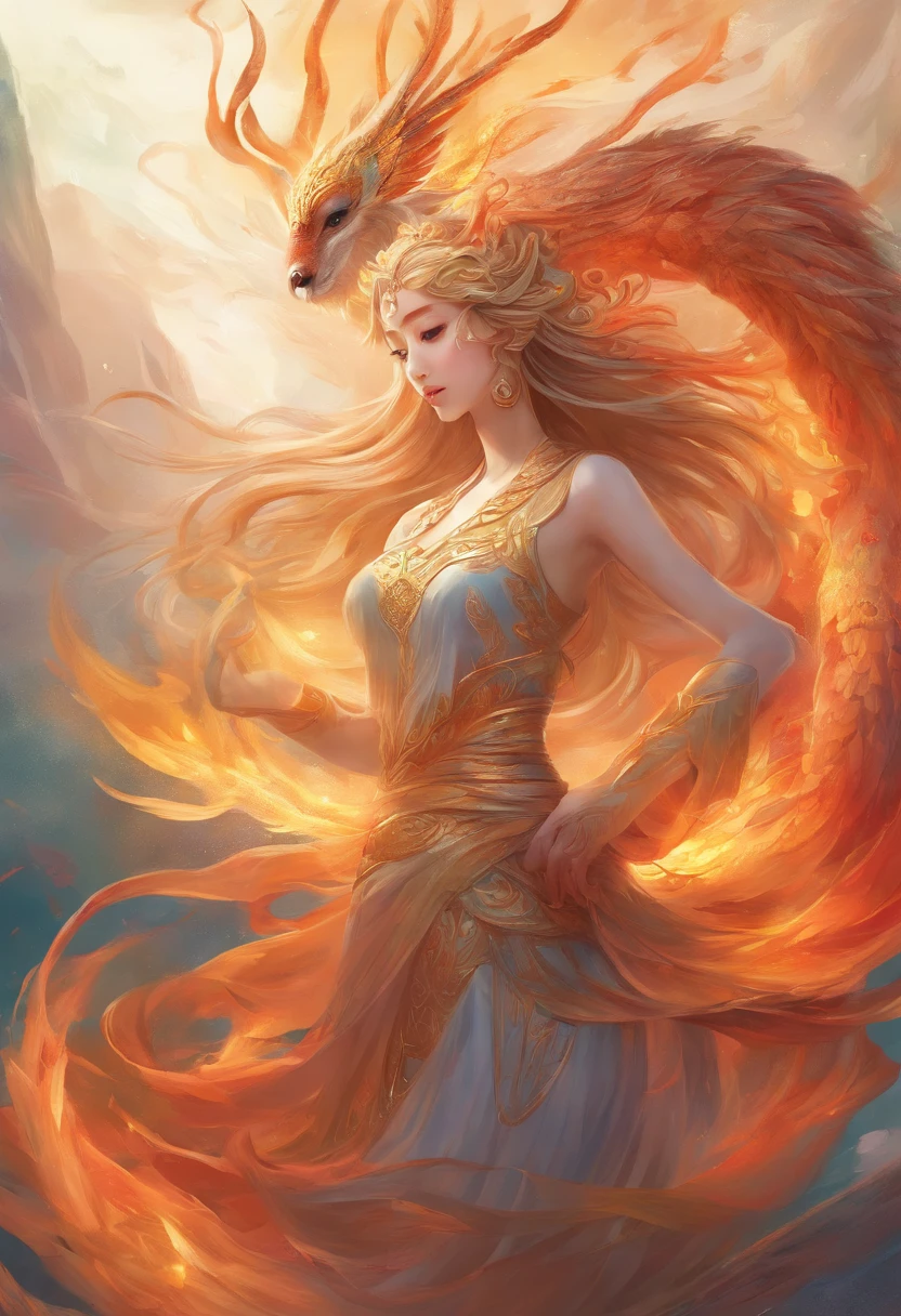 mythological creatures,((Chinese mythology fire phoenix)),Traditional Chinese elements,Ancient murals,Illustrative myths,Fuyao Legend,Dappled light,Hazy haze,mystical aura,tmasterpiece,k hd,Rich in color,Detailed details,Seven colors