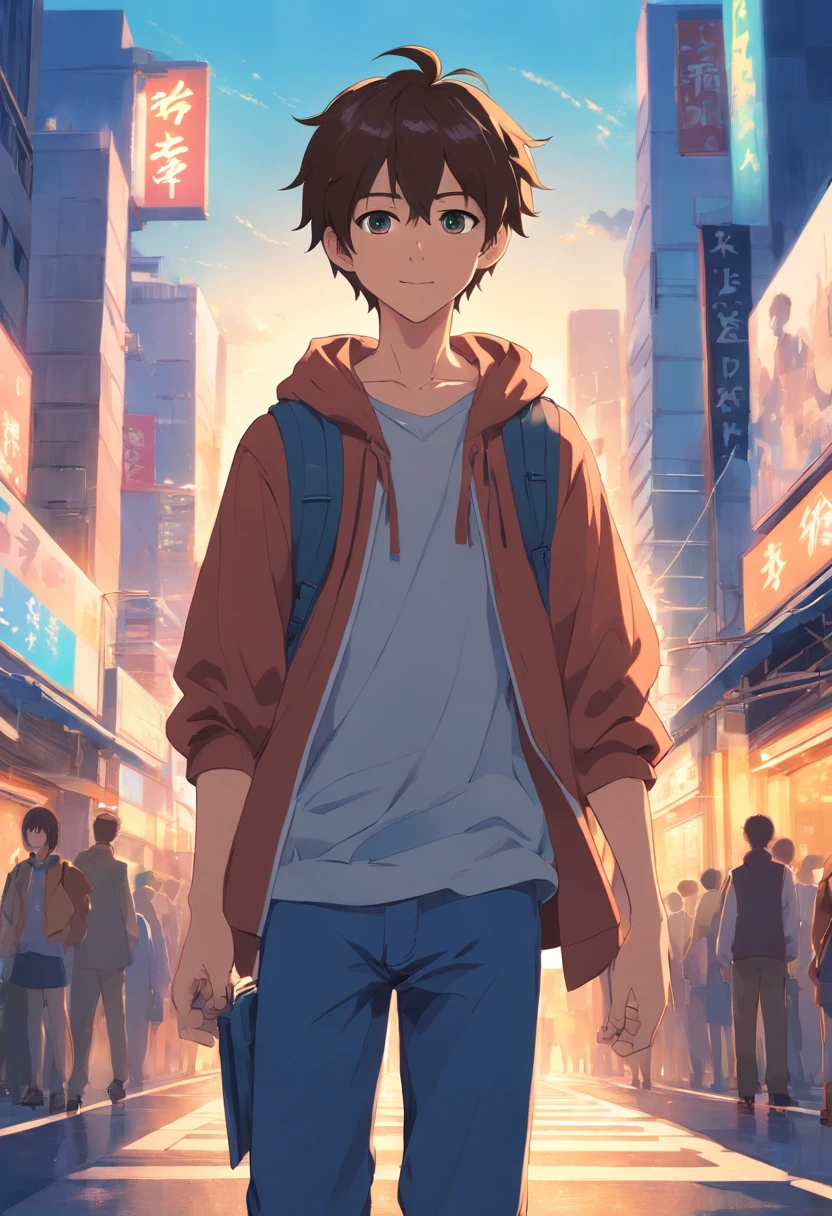 A boy, transformed into an anime style, with exaggerated unique facial features and clothing, standing on a bustling city street, backlit background highlighting the subject, high-contrast colors, 4K high-definition quality，young, smiling, handsome