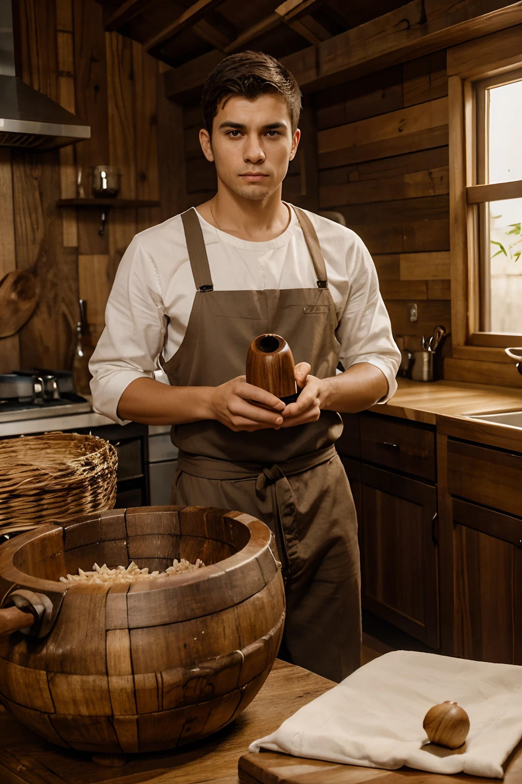 A young man sitting in front of a wooden pestle, batendo arroz com um martelo de madeira. He is focused on his task, with a serious expression on his face,monge , em um monisterio