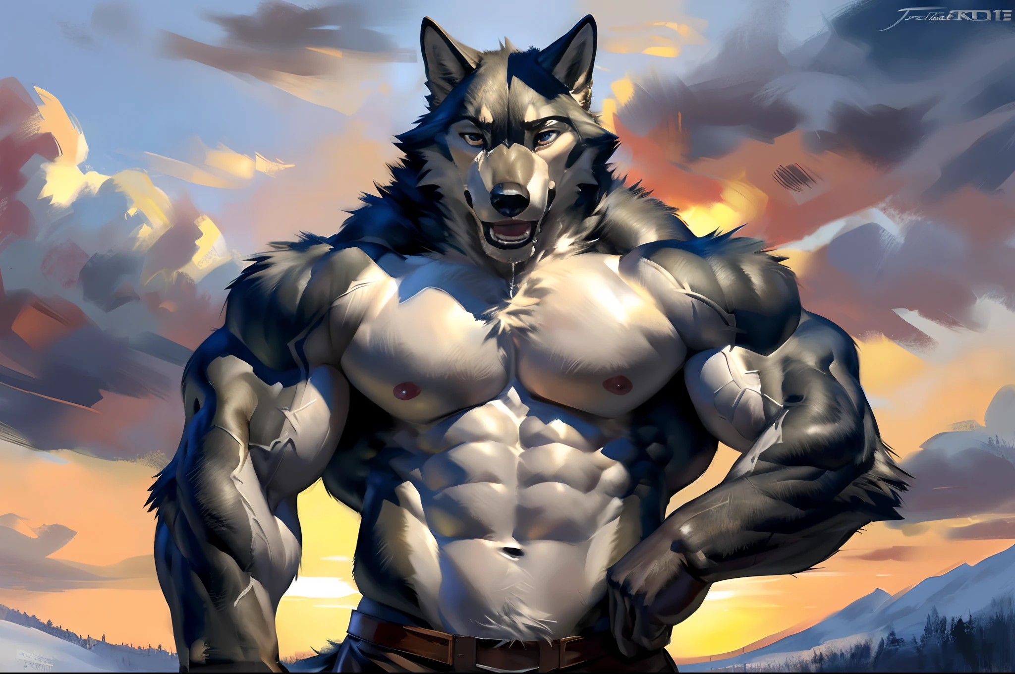 muscular feral:1.2 wolf, posing for the camera. 4k, high resolution, best quality, perfect colors, perfect shadows, perfect lighting, posted on e621, furry body, feral wolf, quadruped:1 wolf, solo, male, adult, masculine, (muscular, dense build:1.4, muscular shoulders, strong pecs), correct anatomy, (photorealistic fur, detailed fur, epic, masterpiece:1.2), (detailed winter background, snowing, cloudy sky, sunset), sexy shadows, (by echin, by Taran Fiddler, by vorusuarts, by Traver009, by Juiceps), (detailed eyes:1.2), impressive physique, tired pose, struggling, effort pose, bothered face, exhausted, detailed eyes, looking at camera, (close-up):1, open mouth, thick drooling:1.4, (low-angle shot):1