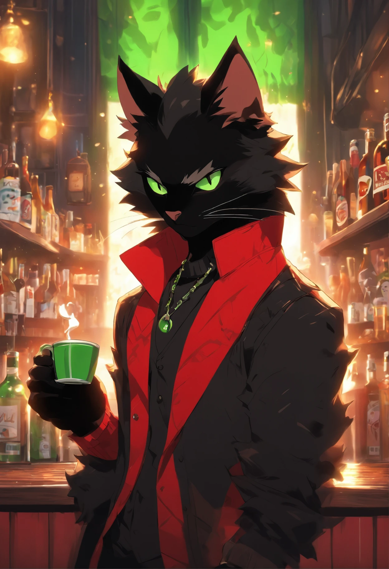 anthropormorphic furry black cat with black neck tuff, green cat eyes, grey upper lip mouth, black fuzzy hair on top of his head, wearing a red jacket and black jeans, holding a cup being a bartender on a bar that he owns
