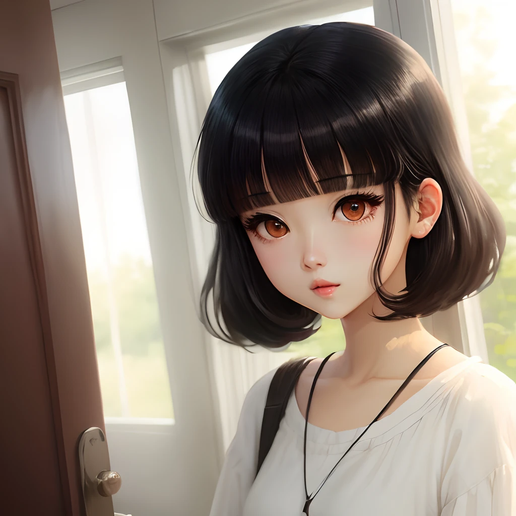 Anime style hanging eyes black hair long straight lower eyelashes bangs