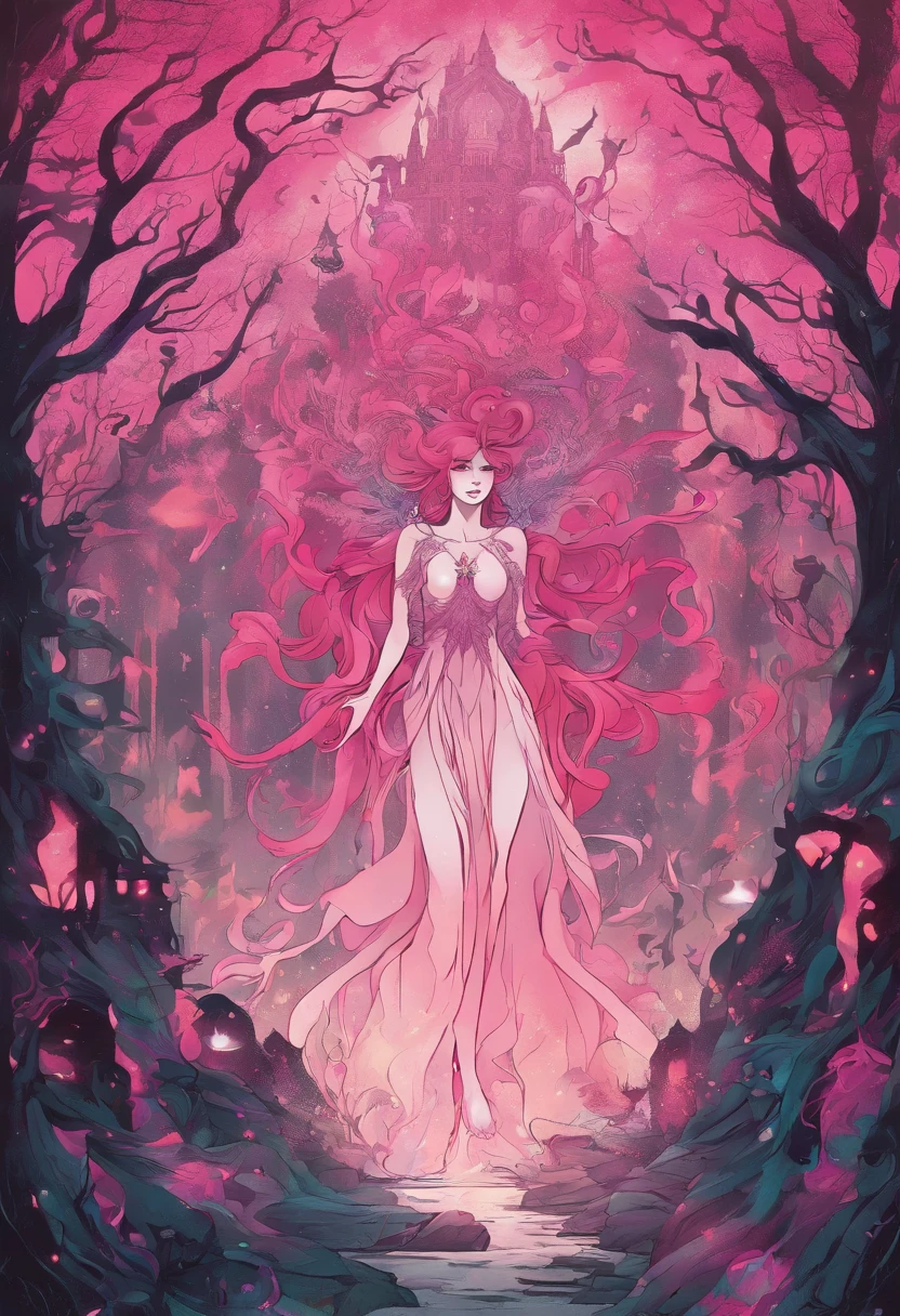 (a pink-haired demon woman,spells:1.1,glowing:1.1)(illustration)(best quality,ultra-detailed,realistic:1.37),demonic witch(demonic:1.1)(magic:1.1)(forest)(dark and mysterious,ominous atmosphere),casting powerful spells,creating magical energy(magic:1.1),vibrant pink hair(swirling pink hair)(flowing pink hair),horns(devil horns:1.1),piercing red eyes,enchanted scepter(magical scepter),elaborate dark robe,glowing magical sigils,fiery embers swirling(magical embers:1.1)(glowing embers),magical aura(glowing aura),eerie shadows,otherworldly presence(presence),sinister smile,nightfall in the background(dark night:1.1)(moonlit forest),lush and dense foliage(twisted trees)(mystical plants:1.1),mystical particles(swirling particles)(floating particles),ethereal glow(ethereal:1.1)(soft glow),faint moonlight breaking through the trees,haunting and captivating(scary atmosphere),bewitching beauty,wide range of colors(vivid colors)(contrasting colors),mystical realm,impressive details,dynamic composition,mesmerizing artwork,photorealistic style(picasso style),impressive shading and lighting,explosive energy,magical atmosphere(fantasy atmosphere),dreamlike scene