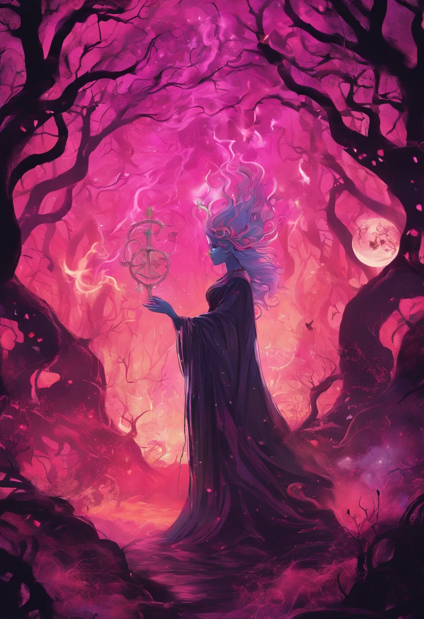 (a pink-haired demon woman,spells:1.1,glowing:1.1)(illustration)(best quality,ultra-detailed,realistic:1.37),demonic witch(demonic:1.1)(magic:1.1)(forest)(dark and mysterious,ominous atmosphere),casting powerful spells,creating magical energy(magic:1.1),vibrant pink hair(swirling pink hair)(flowing pink hair),horns(devil horns:1.1),piercing red eyes,enchanted scepter(magical scepter),elaborate dark robe,glowing magical sigils,fiery embers swirling(magical embers:1.1)(glowing embers),magical aura(glowing aura),eerie shadows,otherworldly presence(presence),sinister smile,nightfall in the background(dark night:1.1)(moonlit forest),lush and dense foliage(twisted trees)(mystical plants:1.1),mystical particles(swirling particles)(floating particles),ethereal glow(ethereal:1.1)(soft glow),faint moonlight breaking through the trees,haunting and captivating(scary atmosphere),bewitching beauty,wide range of colors(vivid colors)(contrasting colors),mystical realm,impressive details,dynamic composition,mesmerizing artwork,photorealistic style(picasso style),impressive shading and lighting,explosive energy,magical atmosphere(fantasy atmosphere),dreamlike scene