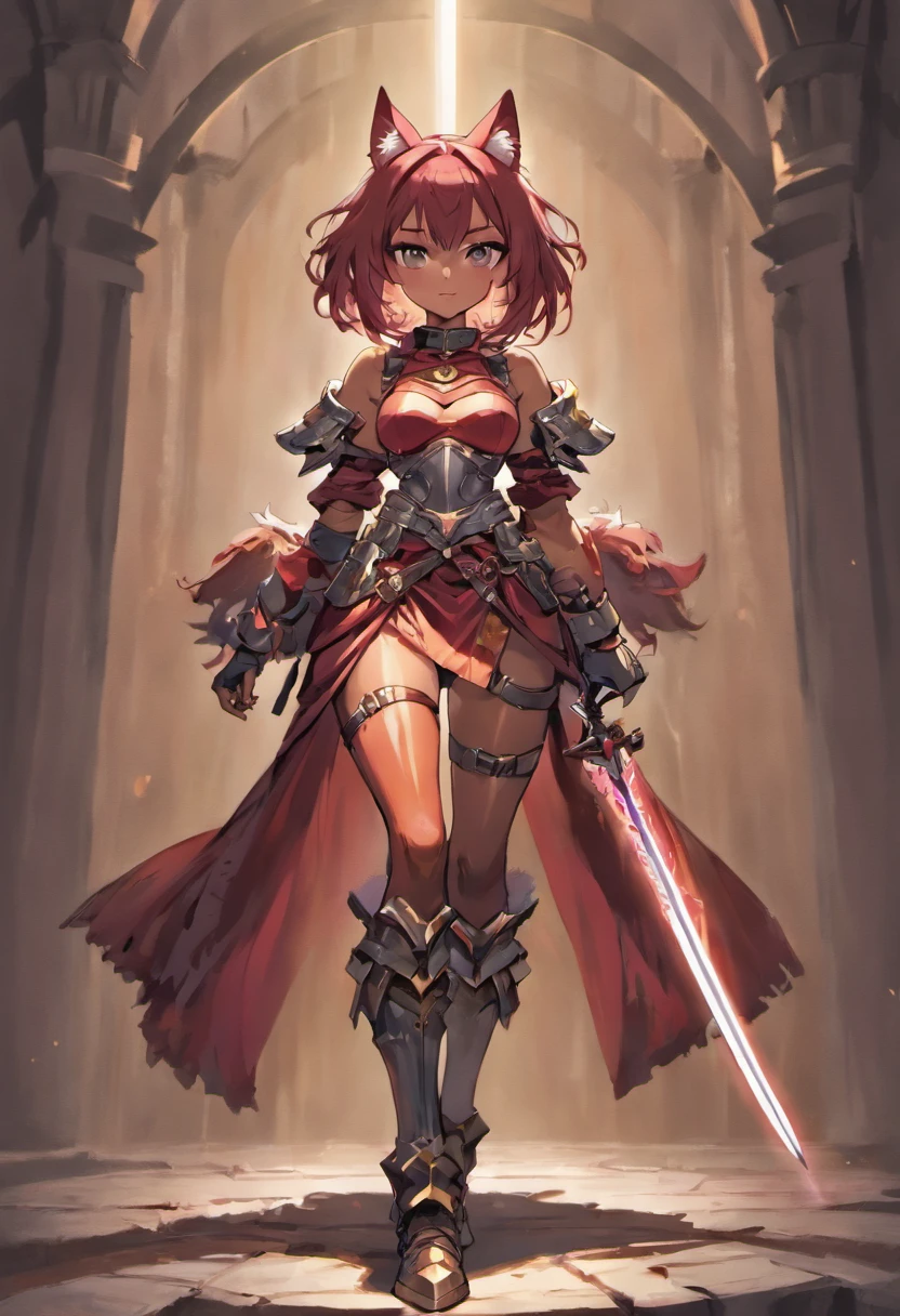 brown skin girl. Her figure, busty, curvy, proper direction, bunny ears, cat tail, Magenta hair color, dark magenta eyes, brown skin, sword in hand, large ragged cloth like cape wrapped around waist, chest armor, gauntlet, black long sleeve shirt under armor, chest armor, hoodie, properly drawn sword, magic sword, cloth wrapped around her waist, properly drawn sword in hand, bunny ears, cat's tail digital painting, digital illustration, extreme detail, digital art, Knight Armor, baggy puffy pants, metal boots, fully armored. cloth wrapped around her waist. Hold a sword. Baggy pants.
