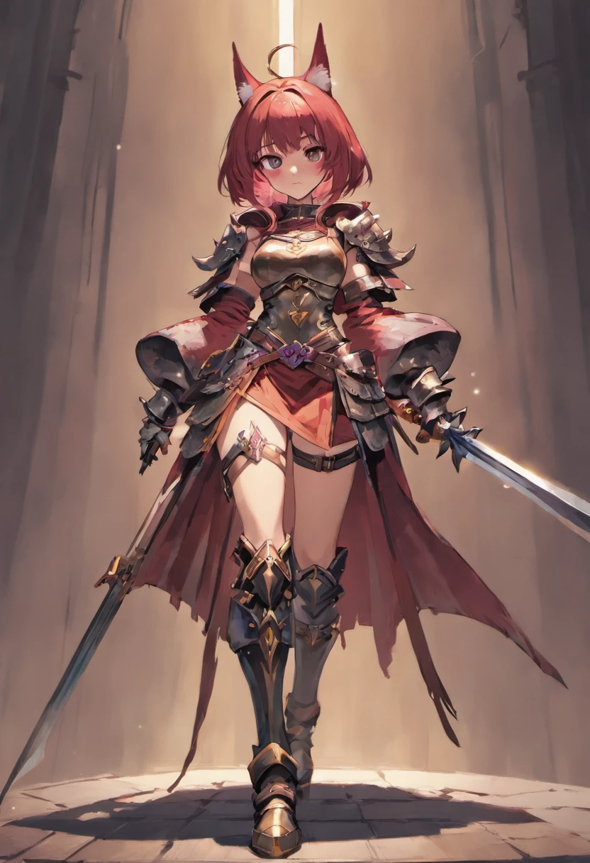 brown skin girl. Her figure, busty, curvy, proper direction, bunny ears, cat tail, Magenta hair color, dark magenta eyes, brown skin, sword in hand, large ragged cloth like cape wrapped around waist, chest armor, gauntlet, black long sleeve shirt under armor, chest armor, hoodie, properly drawn sword, magic sword, cloth wrapped around her waist, properly drawn sword in hand, cat ears, cat's tail digital painting, digital illustration, extreme detail, digital art, Knight Armor, baggy puffy pants, metal boots, fully armored. cloth wrapped around her waist. Hold a sword in both hand. Baggy puffy pants.