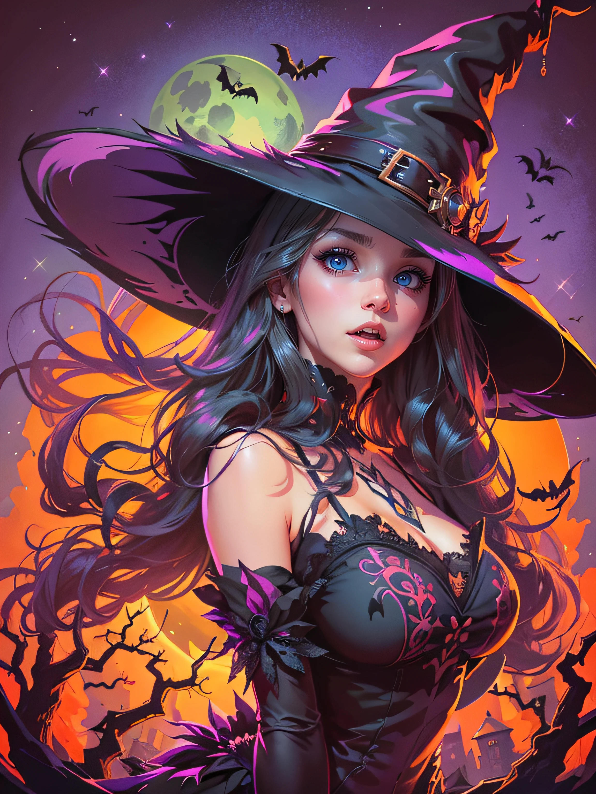 Mago oscuro gils bruja, Create a mesmerizing piece of digital art depicting a mesmerizing woman exuding ethereal beauty under the bewitching glow of a blood moon on Halloween night. Dark magician gils sexy witch version, hot, candente, sexy, nude, orgía.