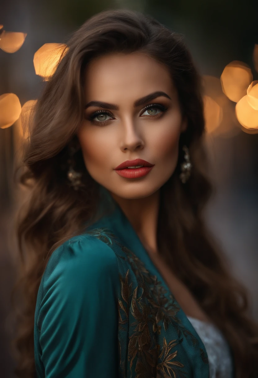 A woman with long hair and a green dress posing for a picture - SeaArt AI