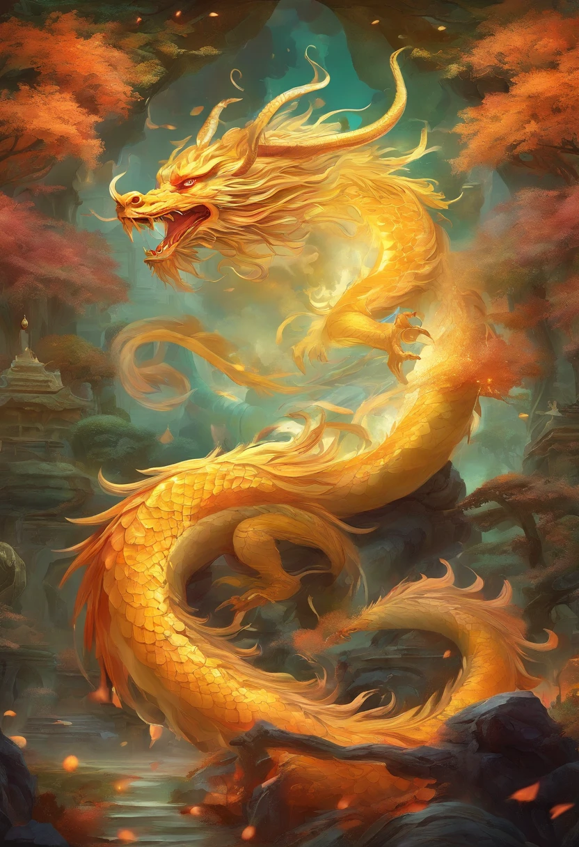 mythological creatures，（（Chinese mythological dragon）），Traditional Chinese elements，Ancient murals，Illustrative myths，Fuyao Legend，Dappled light，Hazy haze，mystical aura，tmasterpiece，k hd，Rich in color，Detailed details，Seven colors