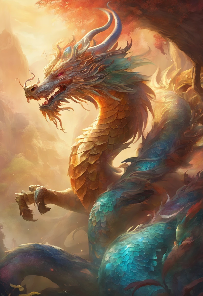 mythological creatures，（（Chinese mythological dragon）），Traditional Chinese elements，Ancient murals，Illustrative myths，Fuyao Legend，Dappled light，Hazy haze，mystical aura，tmasterpiece，k hd，Rich in color，Detailed details，Seven colors