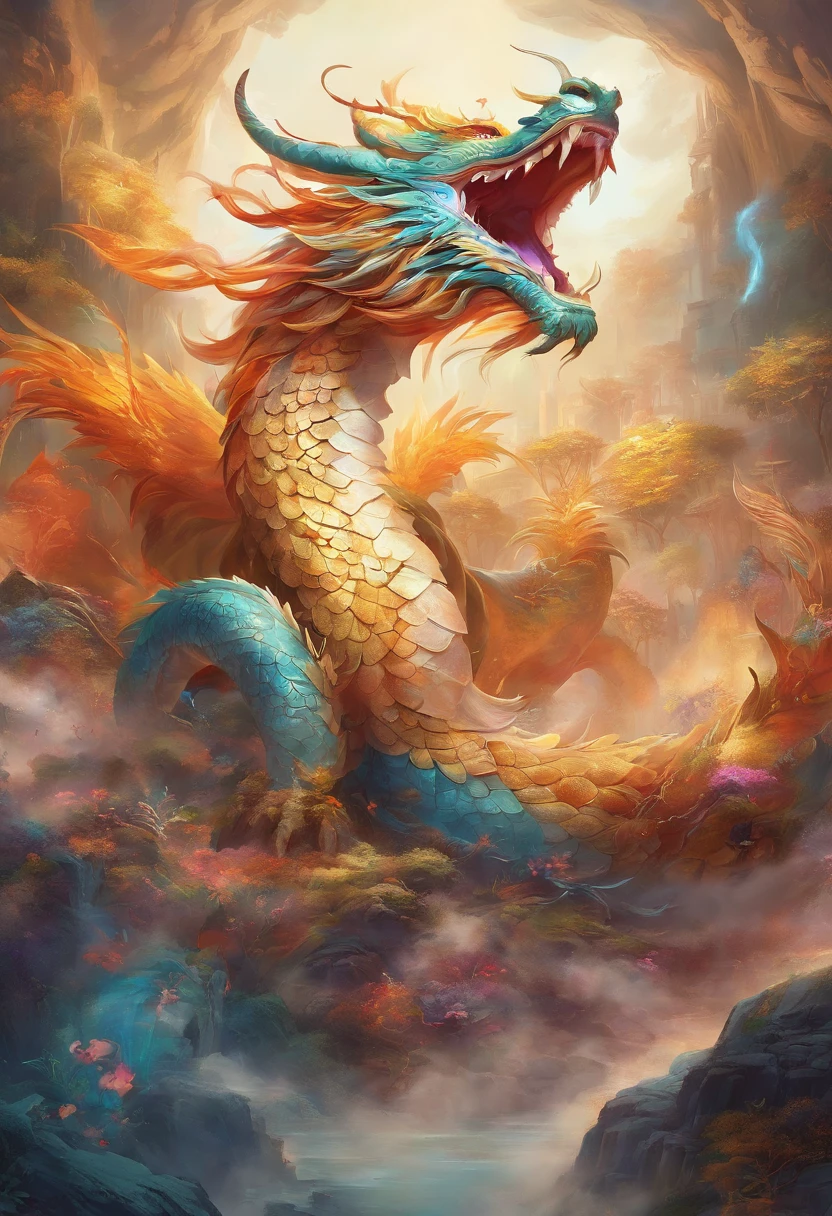 mythological creatures,((Chinese mythological dragon)),Traditional Chinese elements,Ancient murals,Illustrative myths,Fuyao Legend,Dappled light,Hazy haze,mystical aura,tmasterpiece,k hd,Rich in color,Detailed details,Seven colors