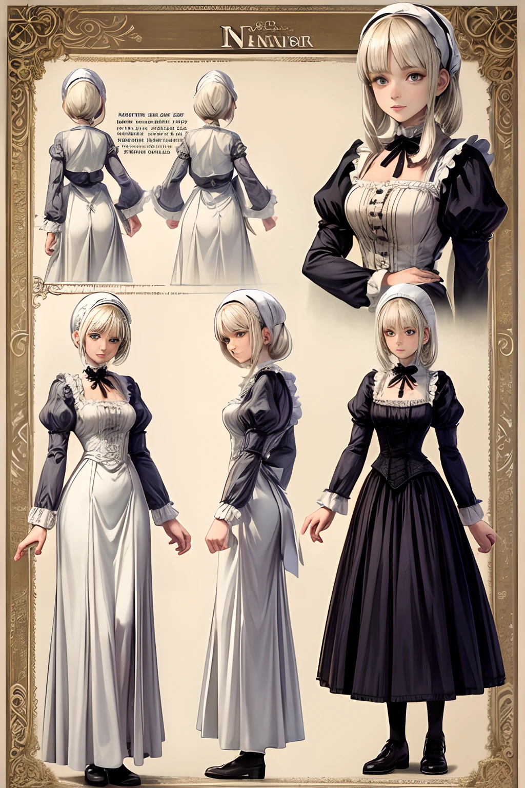 minor character design sheet of a female innkeeper in victorian setting, platinum blonde hair, modest clothing