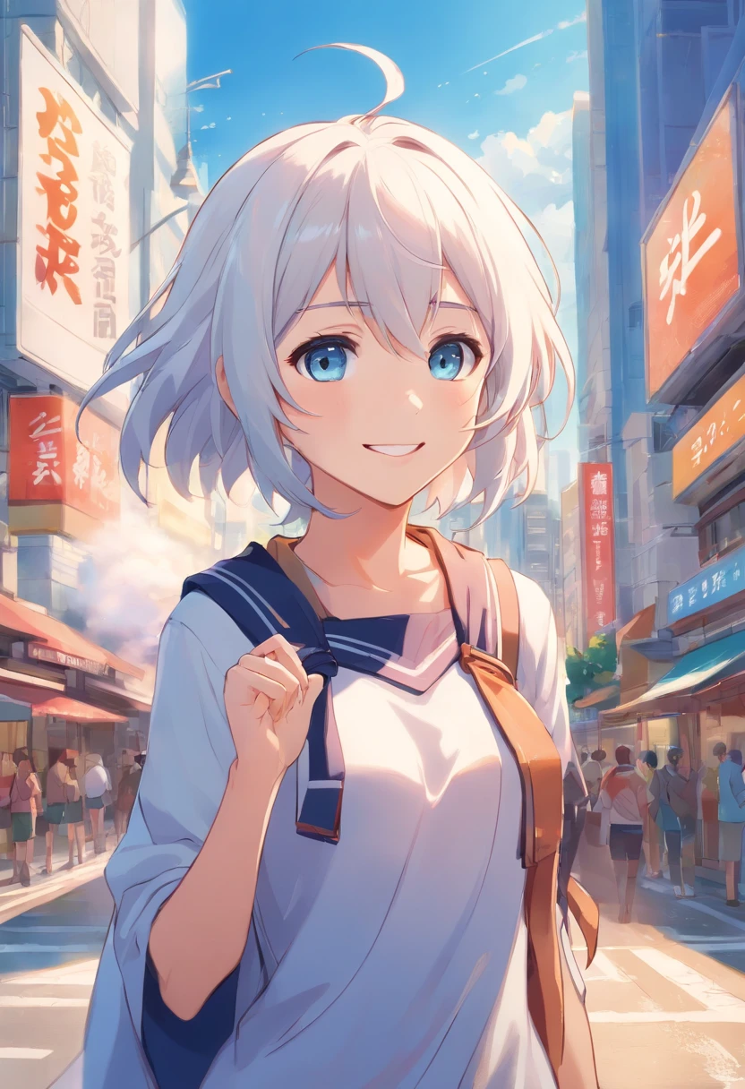 A girl, white hair, blue eyes, valkyrie from heaven, light armor, smile, happy, stunning, beautiful, transformed into an anime style, with exaggerated unique facial features and clothing, standing on a bustling city street, backlit background highlighting the subject, high-contrast colors, 4K high-definition quality,young, smiling, handsome