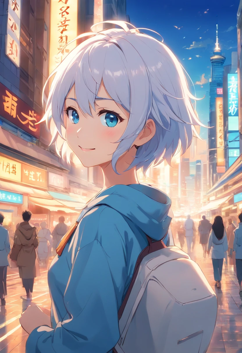 A girl, white hair, blue eyes, valkyrie from heaven, light armor, smile, happy, stunning, beautiful, transformed into an anime style, with exaggerated unique facial features and clothing, standing on a bustling city street, backlit background highlighting the subject, high-contrast colors, 4K high-definition quality，young, smiling, handsome
