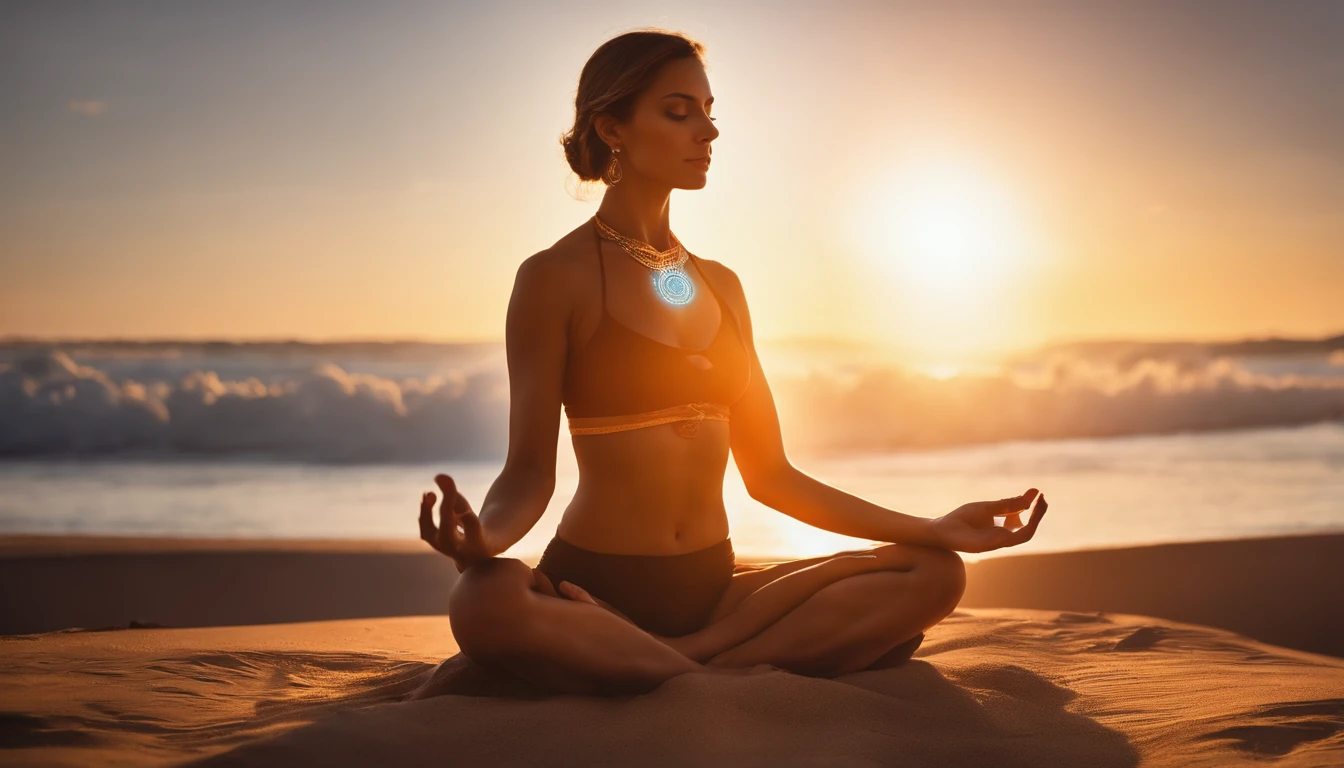 Realistic Woman Lotus Position Meditating Eyes Closed, espectro de luz com os sete chakras ao redor, cores vibrantes, sete chacras principais, incluindo o chacra da raiz, do plexo solar, Cardiac, garganta, terceiro olho e coroa. Different colored vortices. The image search will show illustrations and graphic representations of these chakras, each with its own color and characteristic location."espectro de luz com os sete chakras ao redor, cores vibrantes