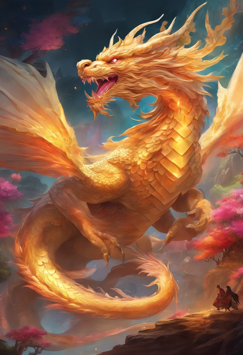 mythological creatures,((Chinese mythological dragon)),Traditional Chinese elements,Ancient murals,Illustrative myths,Fuyao Legend,Dappled light,Hazy haze,mystical aura,tmasterpiece,k hd,Rich in color,Detailed details,Seven colors