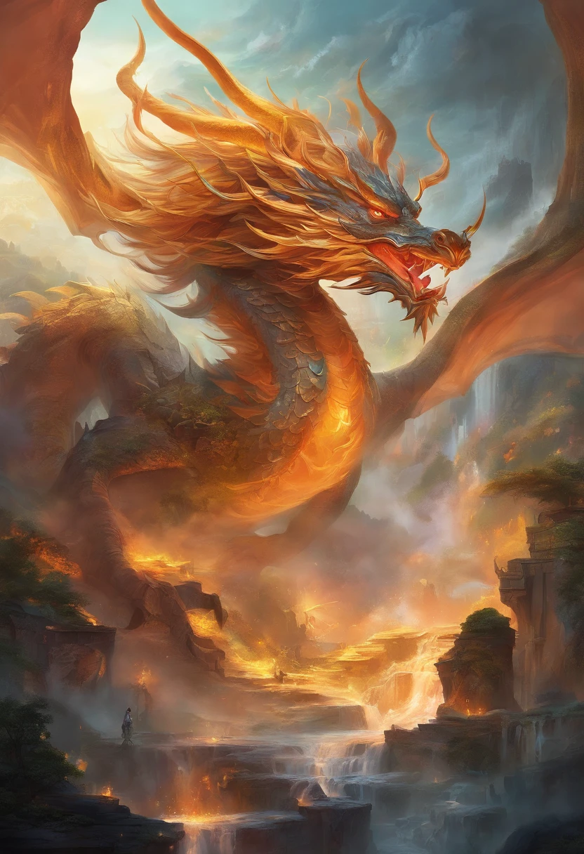 mythological creatures，（（Chinese mythological dragon）），Traditional Chinese elements，Ancient murals，Illustrative myths，Fuyao Legend，Dappled light，Hazy haze，mystical aura，tmasterpiece，k hd，Rich in color，Detailed details，Seven colors