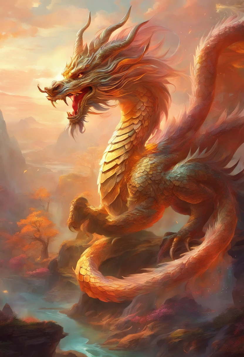 mythological creatures，（（Chinese mythological dragon）），Traditional Chinese elements，Ancient murals，Illustrative myths，Fuyao Legend，Dappled light，Hazy haze，mystical aura，tmasterpiece，k hd，Rich in color，Detailed details，Seven colors