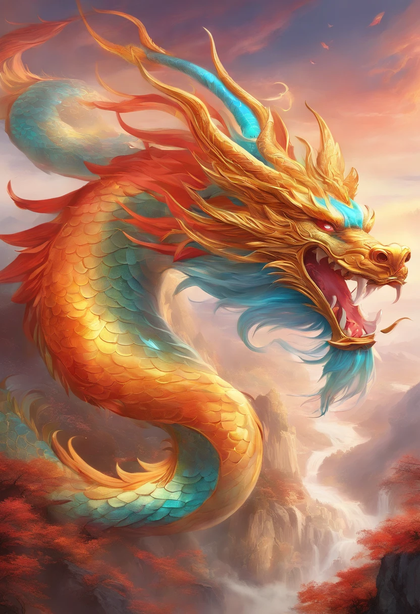 mythological creatures,((Chinese mythological dragon)),Traditional Chinese elements,Ancient murals,Illustrative myths,Fuyao Legend,Dappled light,Hazy haze,mystical aura,tmasterpiece,k hd,Rich in color,Detailed details,Seven colors
