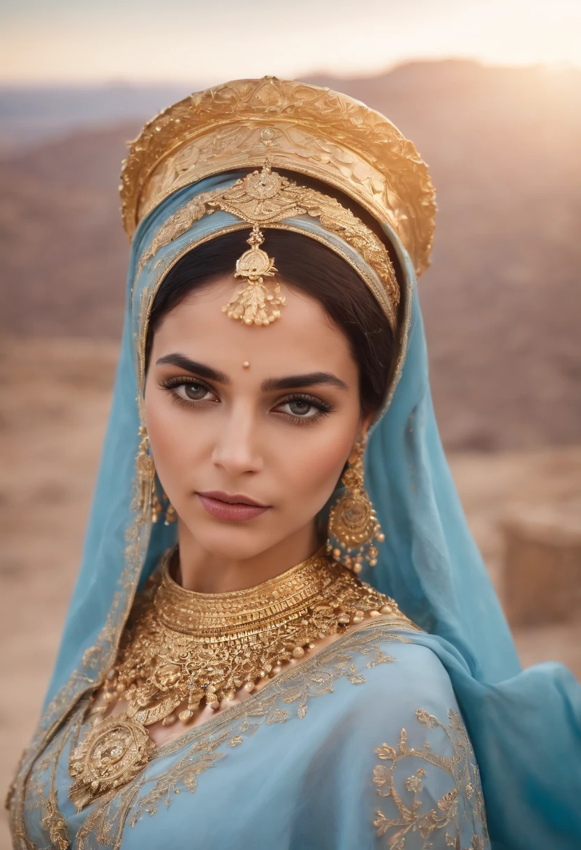 Arabic Mulçulmana, ((cabelos pretos)) e ((Olhos escuros)), is light-skinned, veste um ((azul)) Greek toga with golden pattern, Ancient Greek temple and starry night sky in background, Mitologia grega, Misterioso, fotorrealista, super alta qualidade, Super Detalhe, ultra accurate description of hands, master part, 8k, HDR , golden accessories, uma rainha, com flores no local coloridas, On the head of the Arabian queen, uma coroa dourada em ouro. cabelos pretos e longos, um pouco cacheado. well-defined lips and arched eyebrows. Gold accessories. Hijab