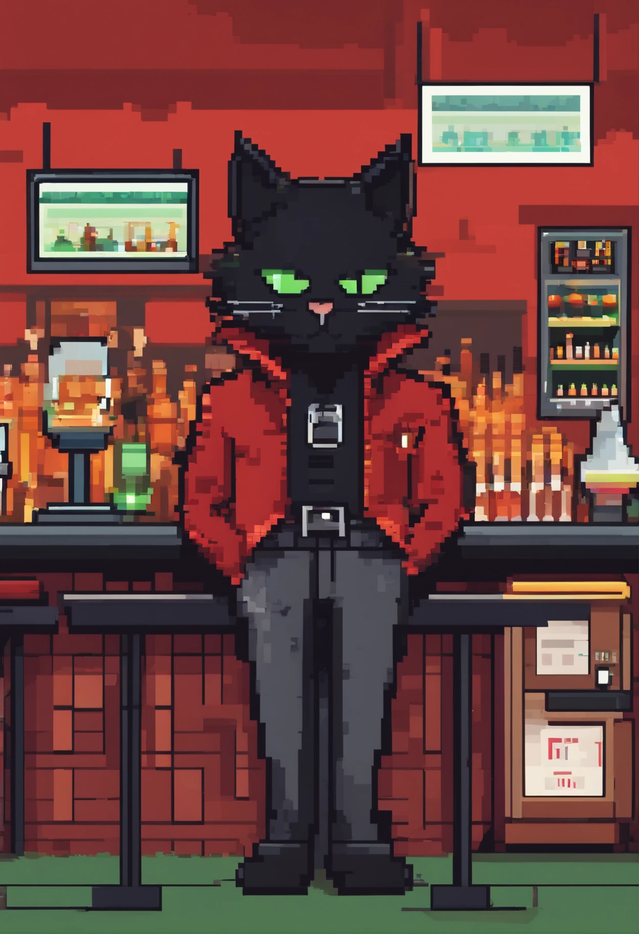 anthropormorphic furry black cat with black neck tuff, green cat eyes, grey upper lip mouth, black fuzzy hair on top of his head, wearing a red jacket and black jeans, holding a cup being a bartender on a bar that he owns