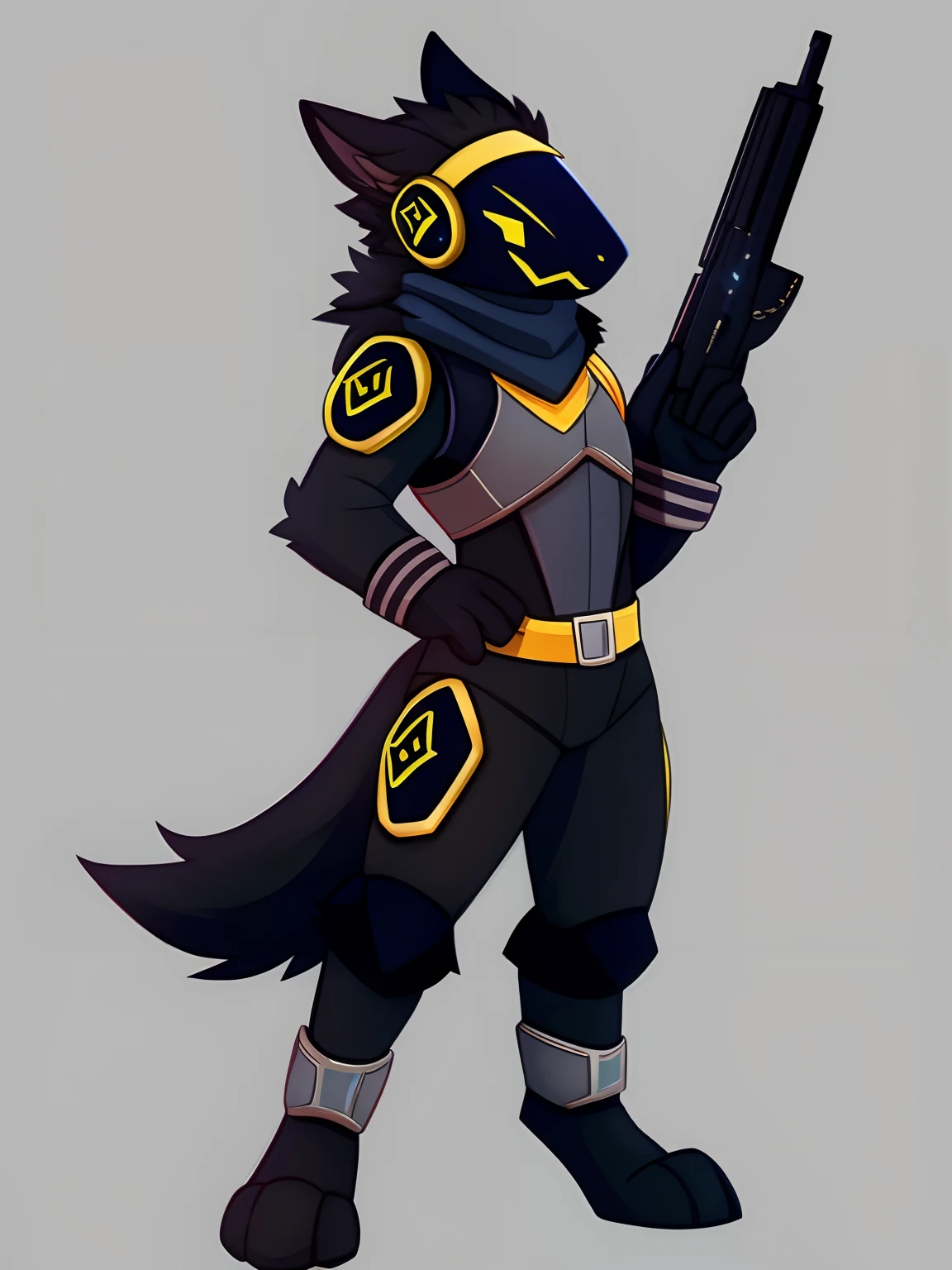 Protogen,pfp, looking at viewer,a little to the side,black fur, matching color visor, battleworn scarf,solo,pefect pose, handrawn,black hoodie,matching clothes,holding weapon,gun