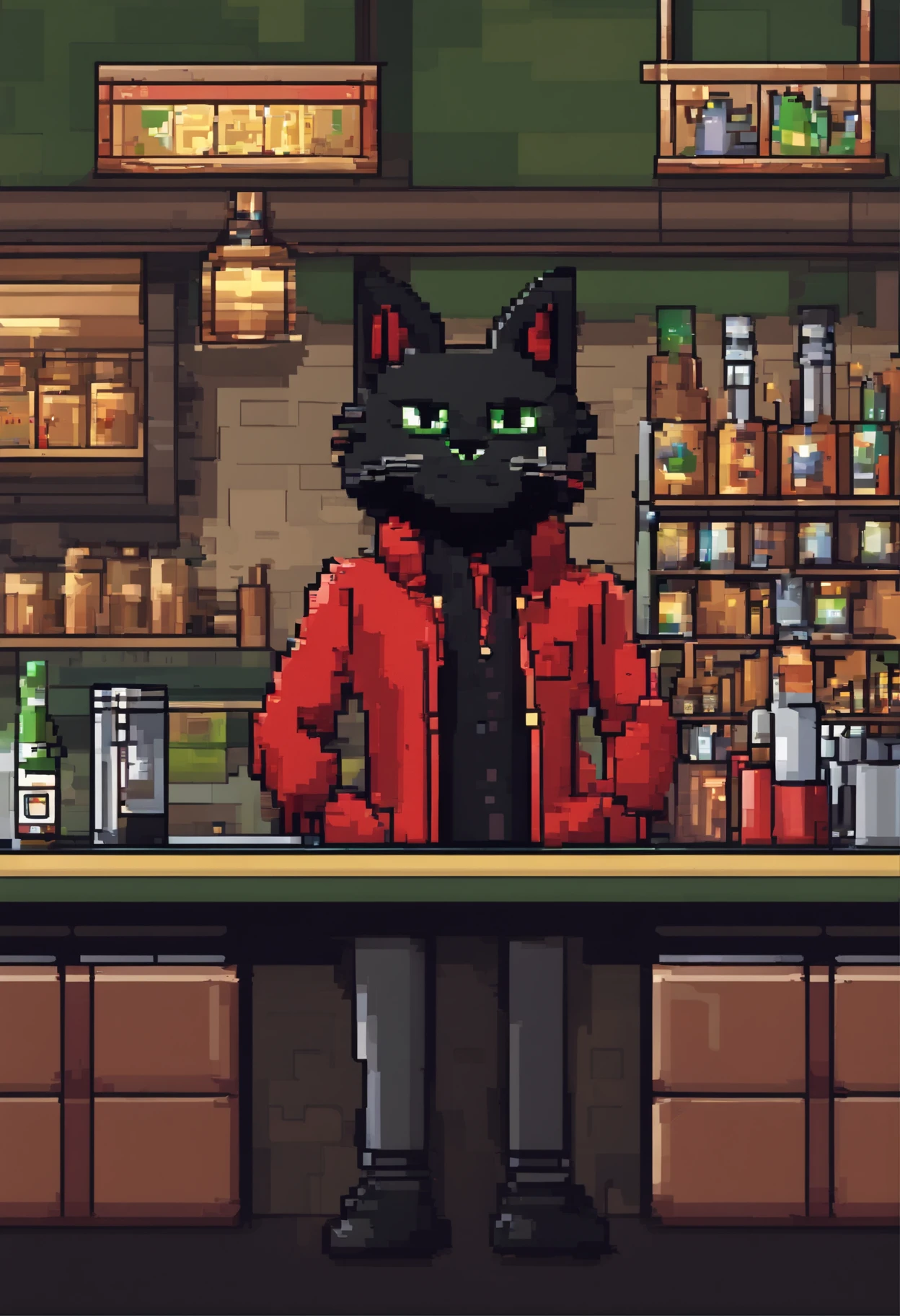 anthropormorphic furry black cat with black neck tuff, green cat eyes, grey upper lip mouth, black fuzzy hair on top of his head, wearing a red jacket and black jeans, holding a cup being a bartender on a bar that he owns