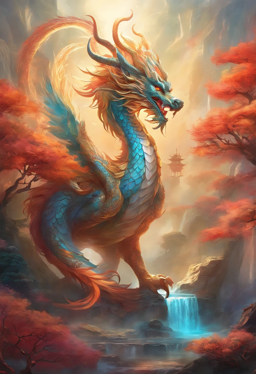 mythological creatures,((Chinese mythological dragon)),Traditional Chinese elements,Ancient murals,Illustrative myths,Fuyao Legend,Dappled light,Hazy haze,mystical aura,tmasterpiece,k hd,Rich in color,Detailed details,Seven colors