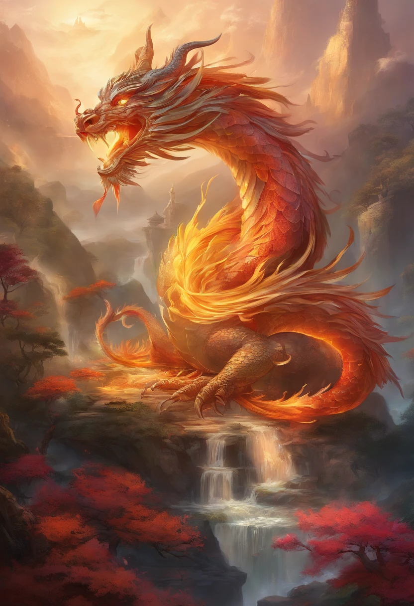 mythological creatures，（（Chinese mythological dragon）），Traditional Chinese elements，Ancient murals，Illustrative myths，Fuyao Legend，Dappled light，Hazy haze，mystical aura，tmasterpiece，k hd，Rich in color，Detailed details，Seven colors