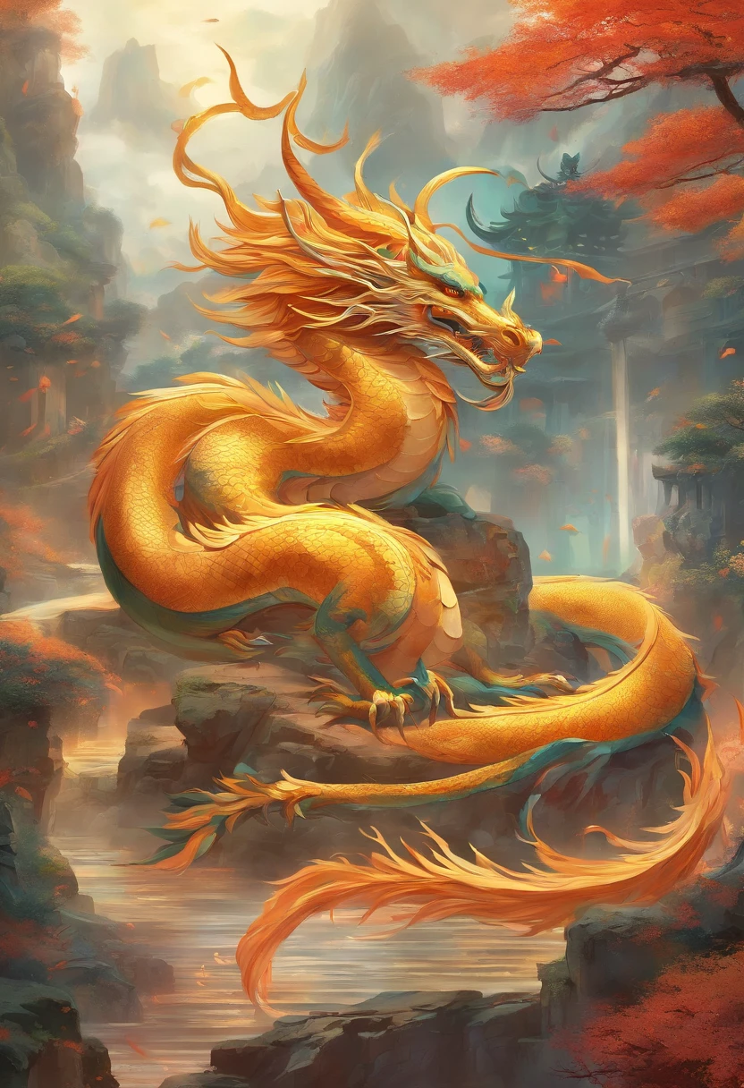mythological creatures,((Chinese mythological dragon)),Traditional Chinese elements,Ancient murals,Illustrative myths,Fuyao Legend,Dappled light,Hazy haze,mystical aura,tmasterpiece,k hd,Rich in color,Detailed details,Seven colors