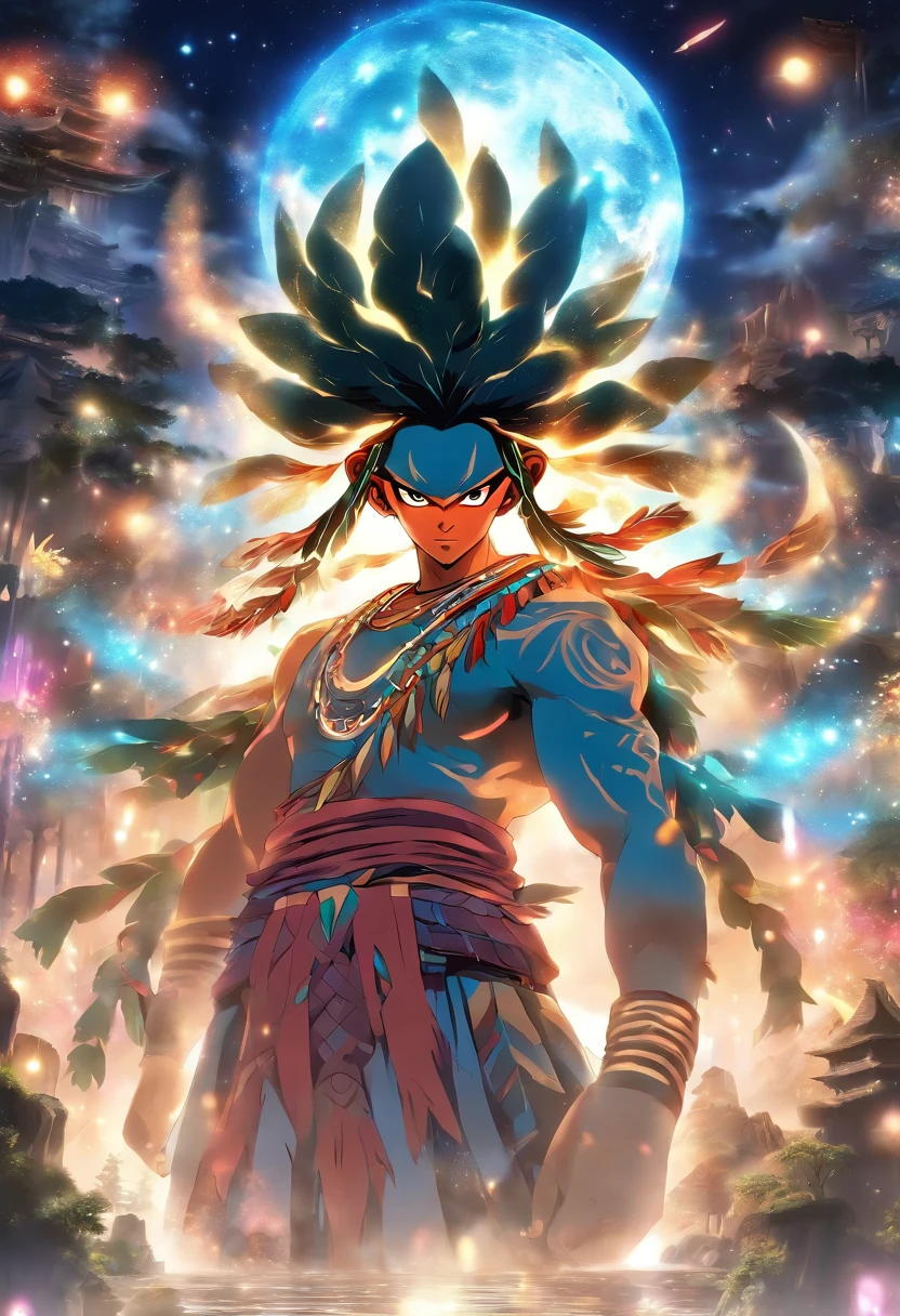 (((Abaangui))) best quality, ultra-high resolution, 4K detailed CG, masterpiece, waning moon, indigenous mythology, native Brazilian, aesthetics, ((Xavante Indian)), beautiful image, screen-centered, body whole