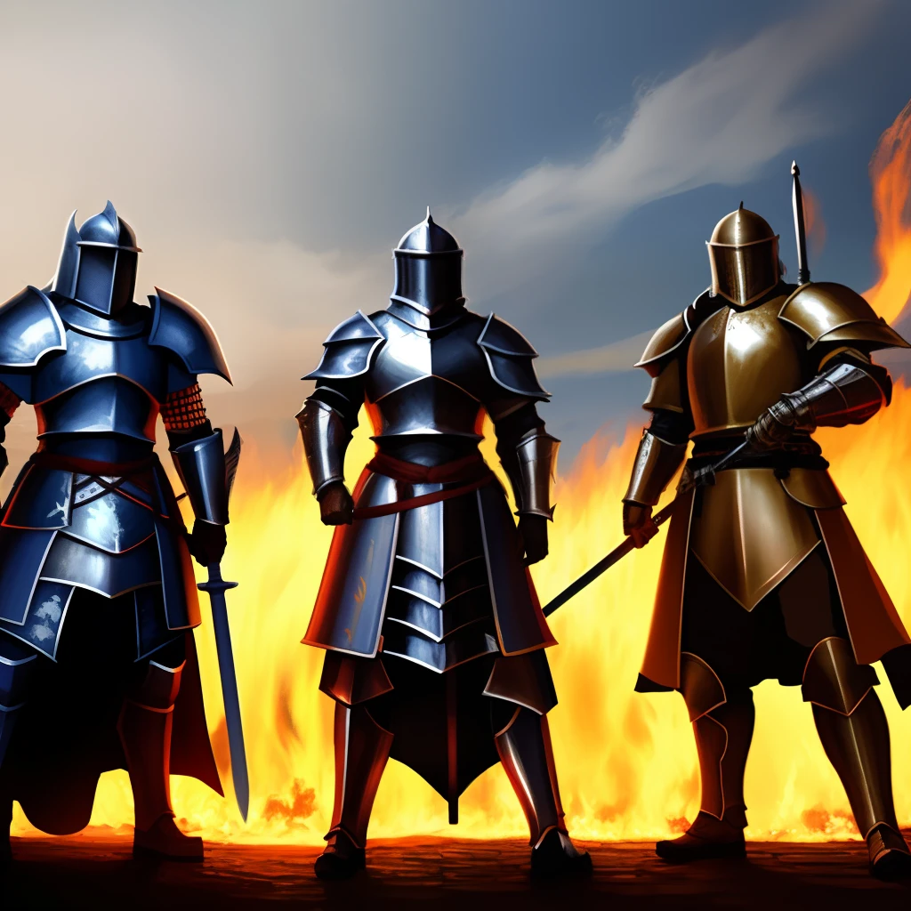 4 guardian knights in armor standing in front of wall of fire each holding a different weapon