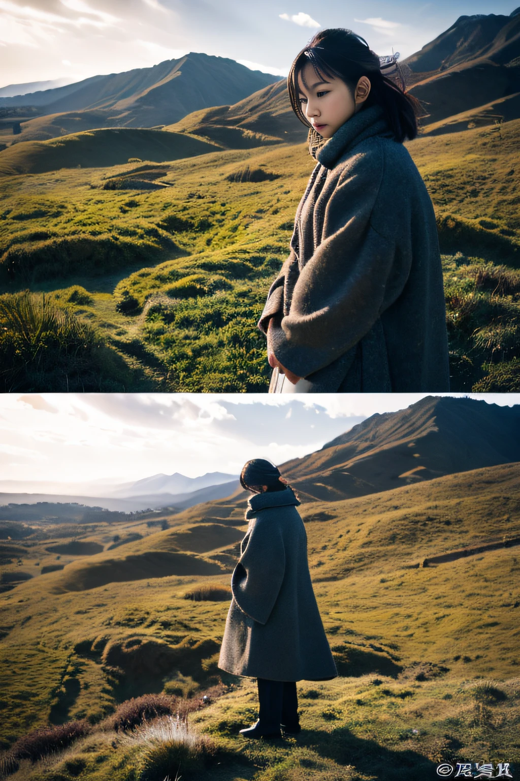 (masterpiece、top-quality、high-level image quality、ultra res,in 8K), (Raw foto:1.2), (Photorealsitic:1.4), (Beautiful Realistic Asians:1.4)、(beautiful a girl,Sexy actress,japanes、cute little、Alone),Woman in anguish and despair,Beautiful and tender photo of tired woman with body and mind、年轻、Beautiful limbs、Winter Outfit、The emotional landscape reflects her spirit、Cold wind blows、Winters、Grazing pastures、equine、jpn、professional photograpy、