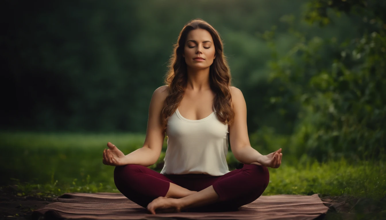 A woman sitting in a yoga pose on a blanket in the woods - SeaArt AI