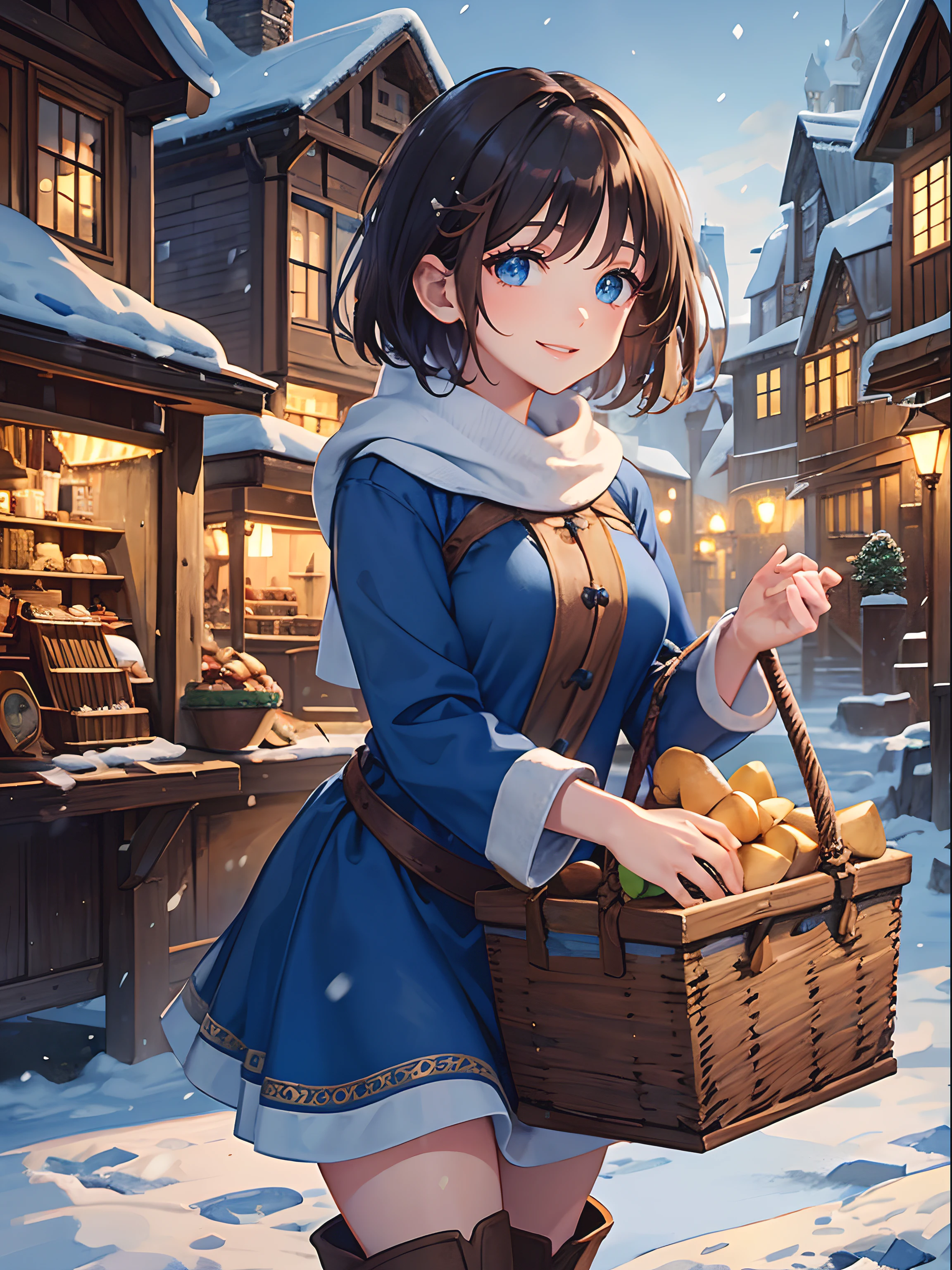 Close up, fantasy world, medieval, stone brick city, wood and stone houses, snow, large market place, market stalls, adult woman, cheery smile, short hair, hair bangs, peanut brown hair, blue clothing, casual dress, warm clothes, brown boots, holding basket