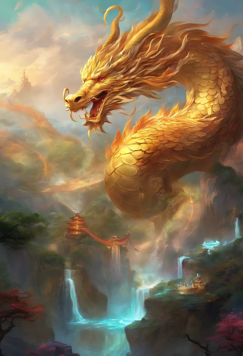 mythological creatures,((Chinese mythological dragon)),Traditional Chinese elements,Ancient murals,Illustrative myths,Fuyao Legend,Dappled light,Hazy haze,mystical aura,tmasterpiece,k hd,Rich in color,Detailed details,Seven colors