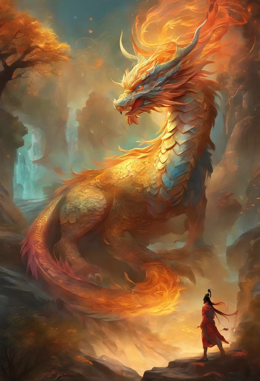 mythological creatures,((Chinese mythological dragon)),Traditional Chinese elements,Ancient murals,Illustrative myths,Fuyao Legend,Dappled light,Hazy haze,mystical aura,tmasterpiece,k hd,Rich in color,Detailed details,Seven colors