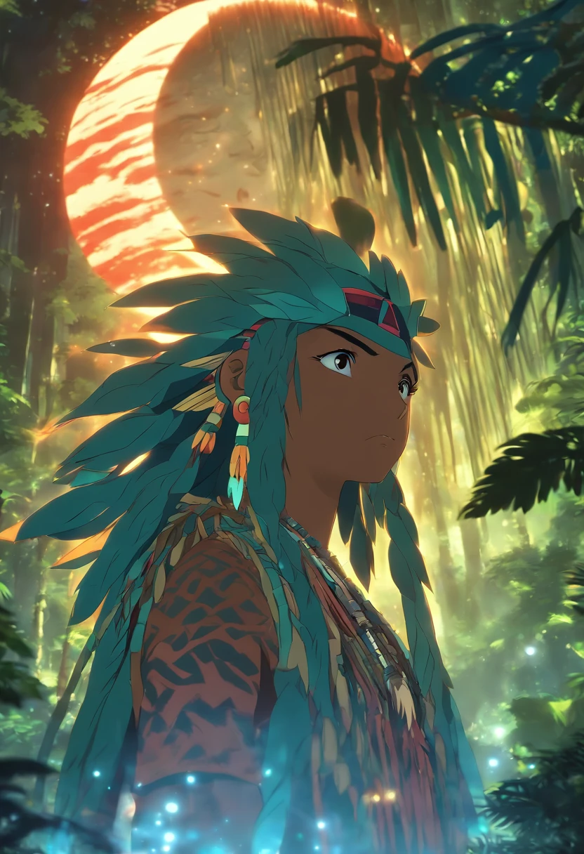 (((Abaangui))) best quality, ultra-high resolution, detailed CG in 4K, masterpiece, waning moon in the background, indigenous mythology, native Brazilian, aesthetics, Amazon rainforest, ((Xavante indigenous)), beautiful image, screen-centered, full body