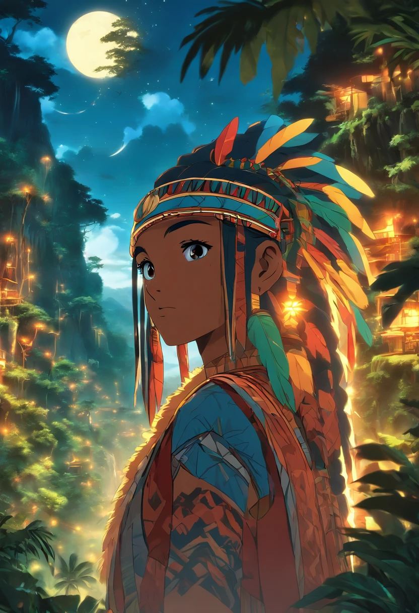 (((Abaangui))) best quality, ultra-high resolution, detailed CG in 4K, masterpiece, waning moon in the background, indigenous mythology, native Brazilian, aesthetics, Amazon rainforest, ((Xavante indigenous)), beautiful image, screen-centered, full body