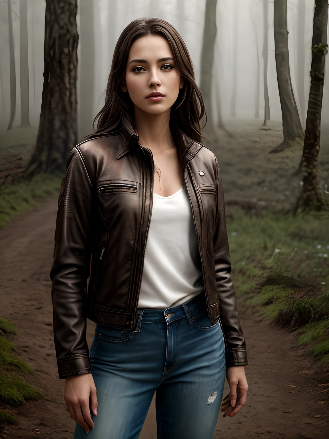 (hiquality,4k,8K,hight resolution,Masterpiece:1.2),Ultra-detailed,(Photorealistic:1.37),Portrait,Woman in jeans,Woman in leather jacket,Durable texture,Dirt and dirt stains, background,natural lighting,lustful expression on her face,earth tones,mossy swamp,Contrasting colors,Drops of water on the jacket,Realistic rendering,sharp-focus,Realistic facial features,Dynamic composition,Feeling isolated,Uneven terrain,foggy atmosphere,Subtle reflections.