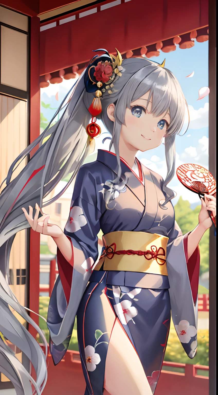 masutepiece, 超A high resolution, Cute Girl, A half body, Chinese ancient style, gray long hair, Red kimono, long hair flowing, double ponytails, Flower Embellishment, Blue eyes, Hairpin, Cute little li, Cute Cute, Thick Paint, Gentle smile, Holding a fan