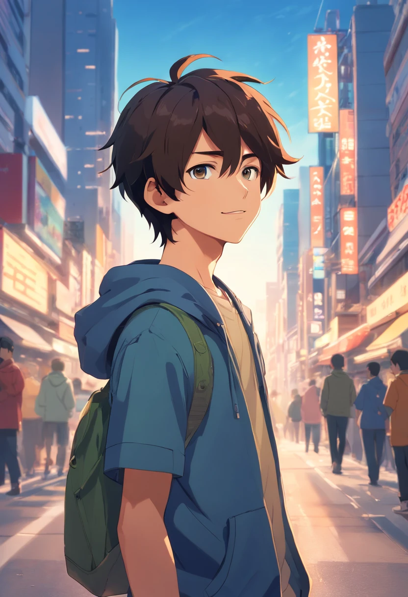 A boy, transformed into an anime style, with exaggerated unique facial features and clothing, standing on a bustling city street, backlit background highlighting the subject, high-contrast colors, 4K high-definition quality,young, smiling, handsome