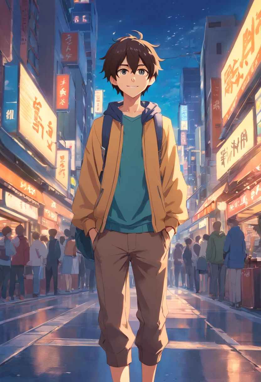 A boy, transformed into an anime style, with exaggerated unique facial features and clothing, standing on a bustling city street, backlit background highlighting the subject, high-contrast colors, 4K high-definition quality,young, smiling, handsome
