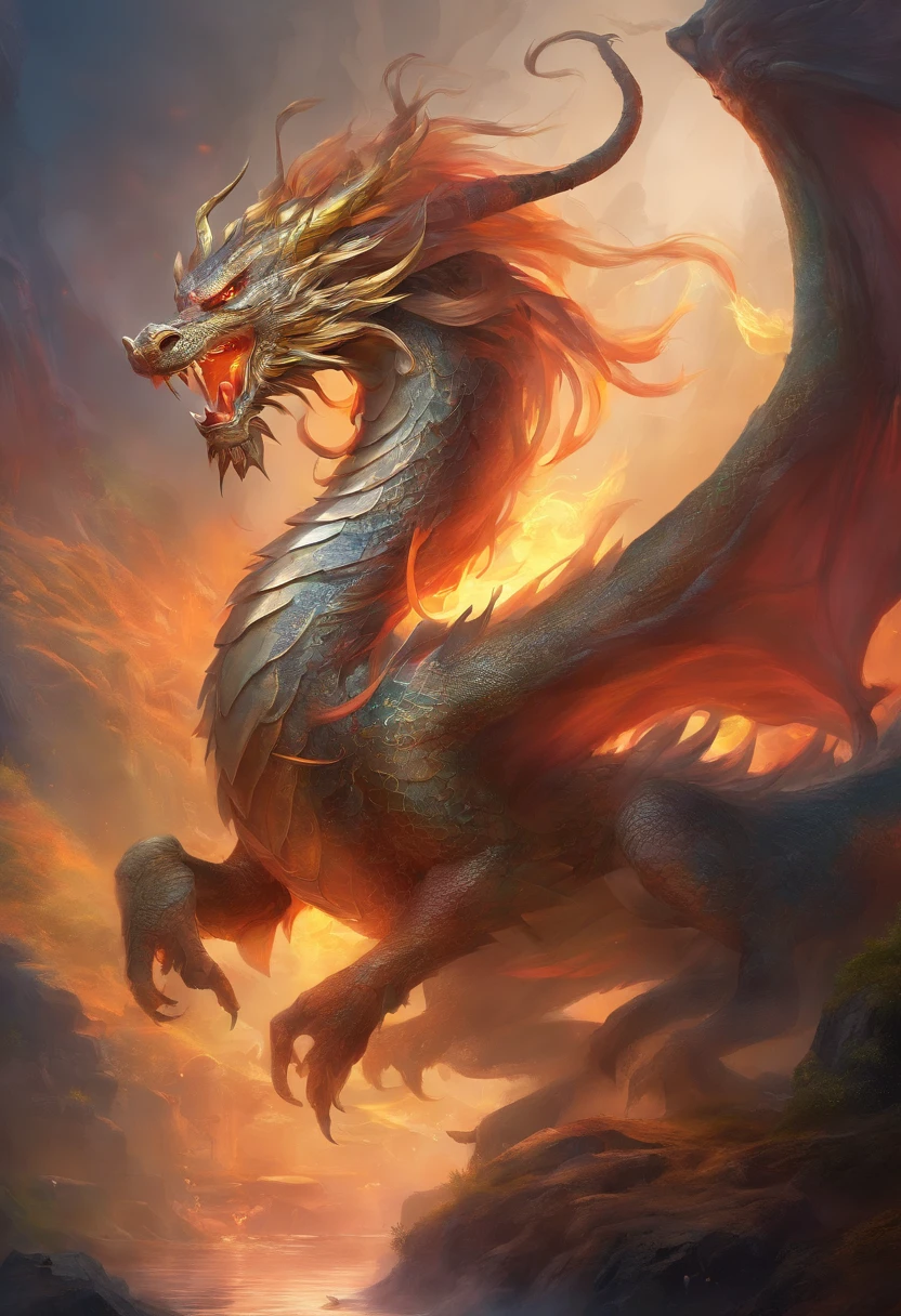 mythological creatures,((Chinese mythological dragon)),Traditional Chinese elements,Ancient murals,Illustrative myths,Fuyao Legend,Dappled light,Hazy haze,mystical aura,tmasterpiece,k hd,Rich in color,Detailed details,Seven colors
