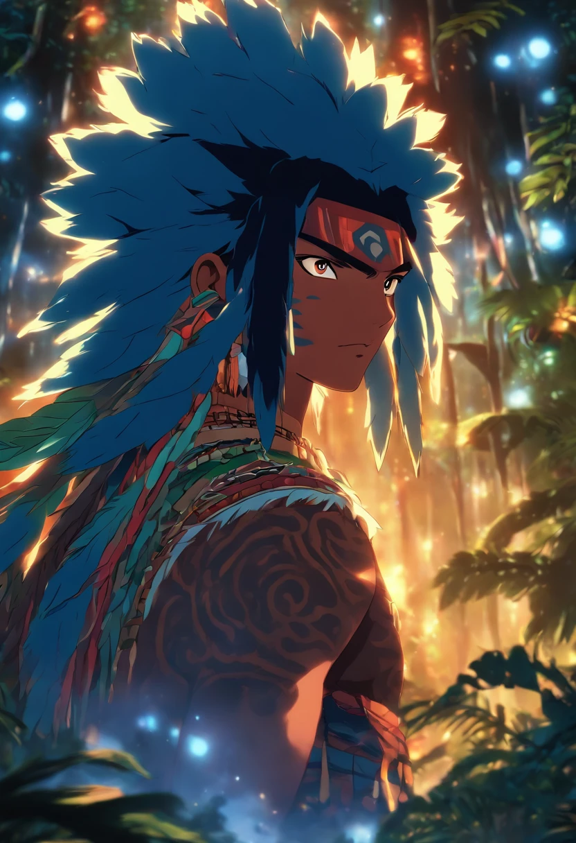 (((Abaangui))) best quality, ultra-high resolution, detailed CG in 4K, masterpiece, waning moon in the background, indigenous mythology, native Brazilian, aesthetics, Amazon rainforest, ((Xavante indigenous)), beautiful image, screen-centered, full body