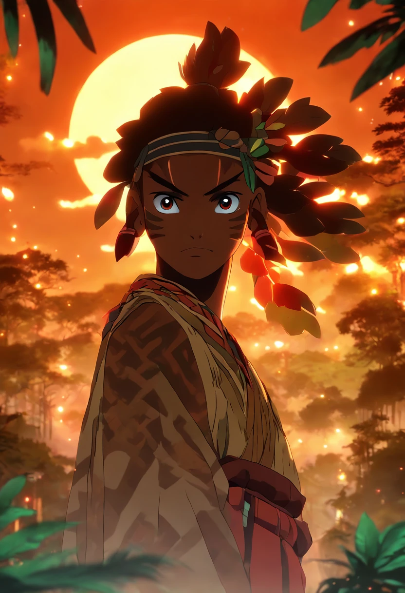(((Abaangui))) best quality, ultra-high resolution, detailed CG in 4K, masterpiece, waning moon in the background, indigenous mythology, native Brazilian, aesthetics, Amazon rainforest, ((Xavante indigenous)), beautiful image, screen-centered, full body
